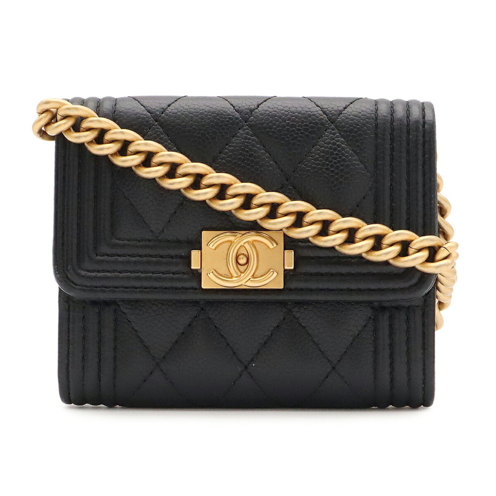 CHANEL Boy Chanel Matelassé Coco Mark Mini Wallet Chain Shoulder Bag Caviar S...